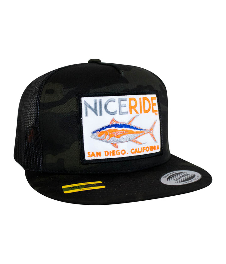 NICERIDE Sorry Charlie Patch trucker hat with a camouflage design and embroidered logo, perfect for outdoor wear.