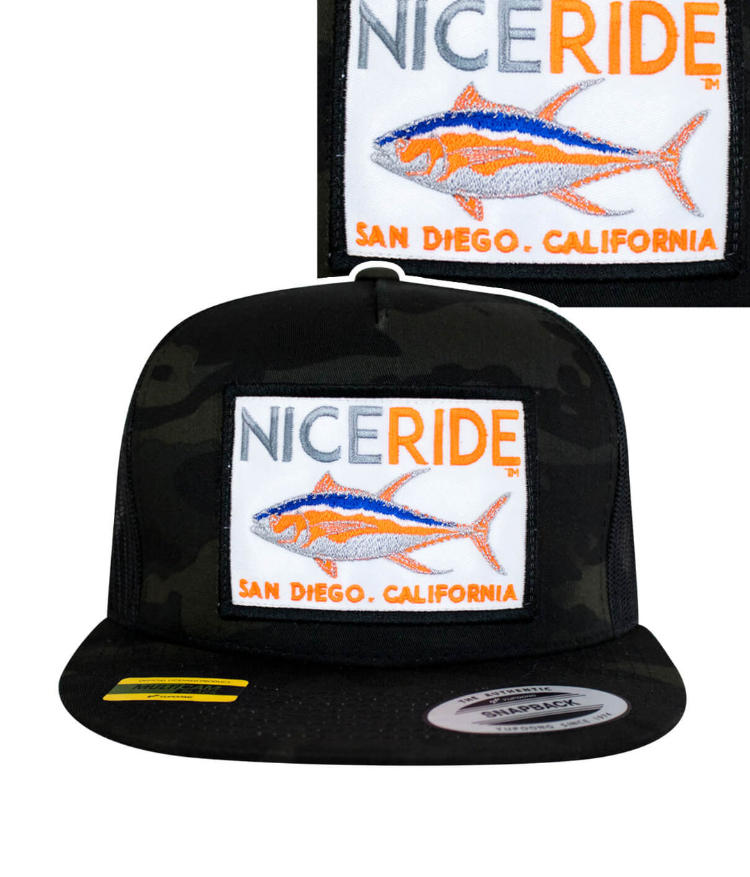 A camouflage trucker hat with a fish patch on it.
