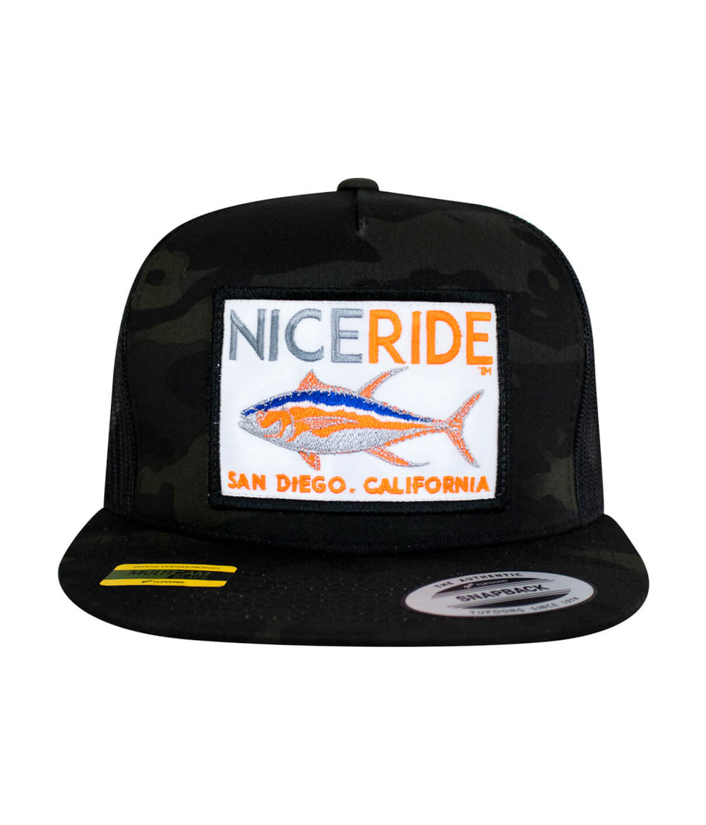 Sorry Charlie Patch trucker hat with NICERIDE logo, embroidered fish design, modern black camo style.
