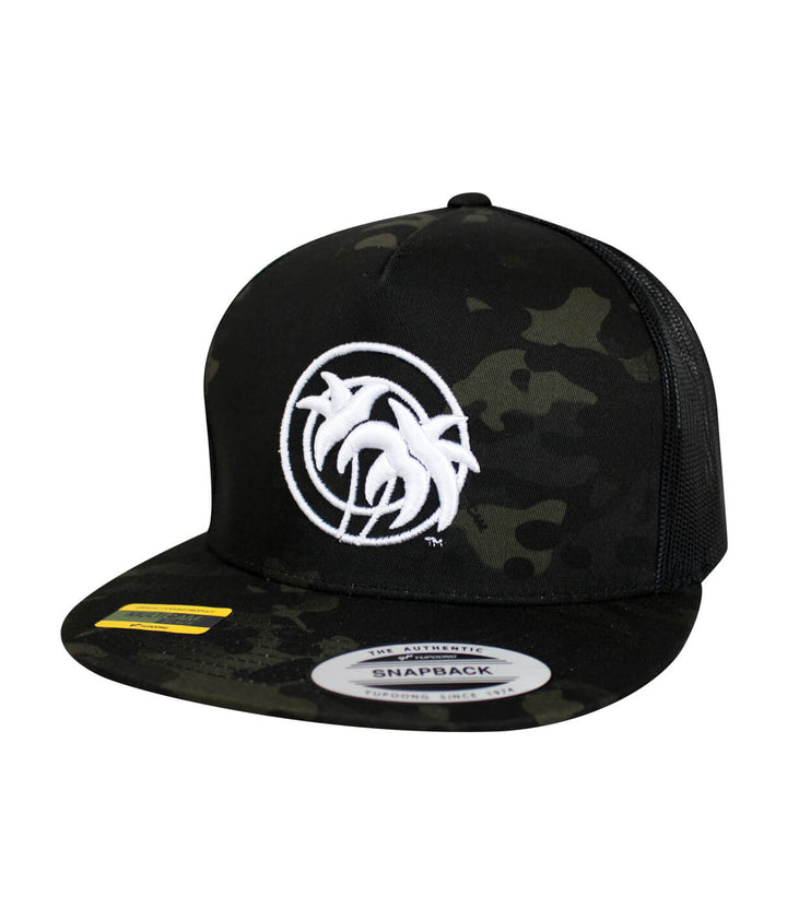 Just Palm Multicamo Trucker Hat with 3D Puff design on front and NICERIDE logo on back right side.