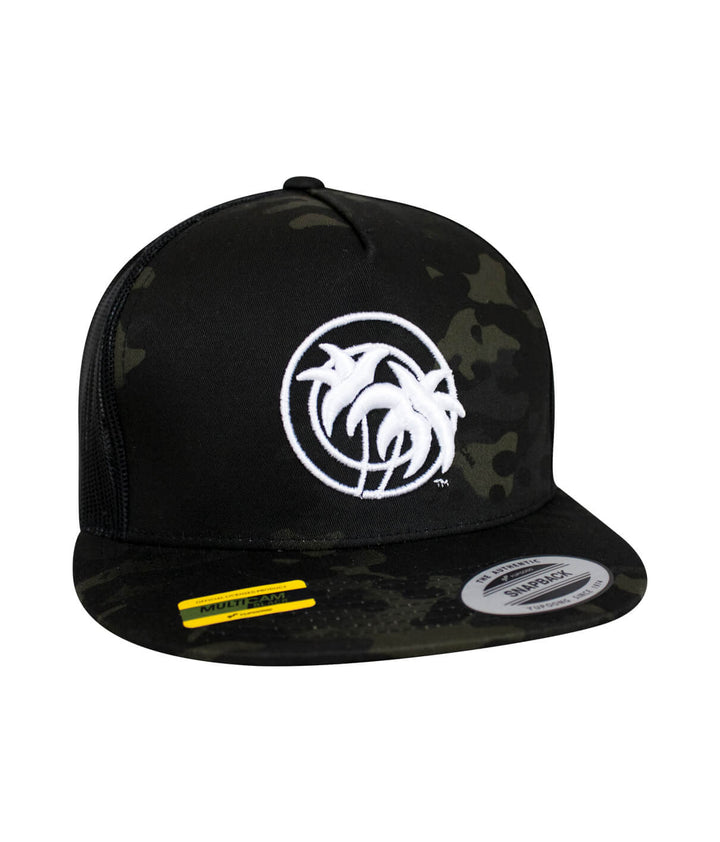 Just Palm Multicamo Trucker Hat featuring 3D Puff embroidery and Niceride pill logo, stylish and designed in the USA.