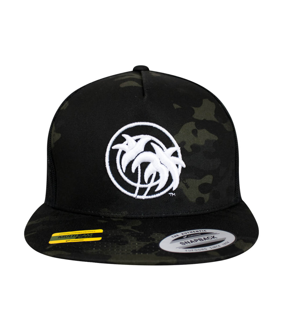 Just Palm multicamo trucker hat featuring 3D Puff embroidery on the front.