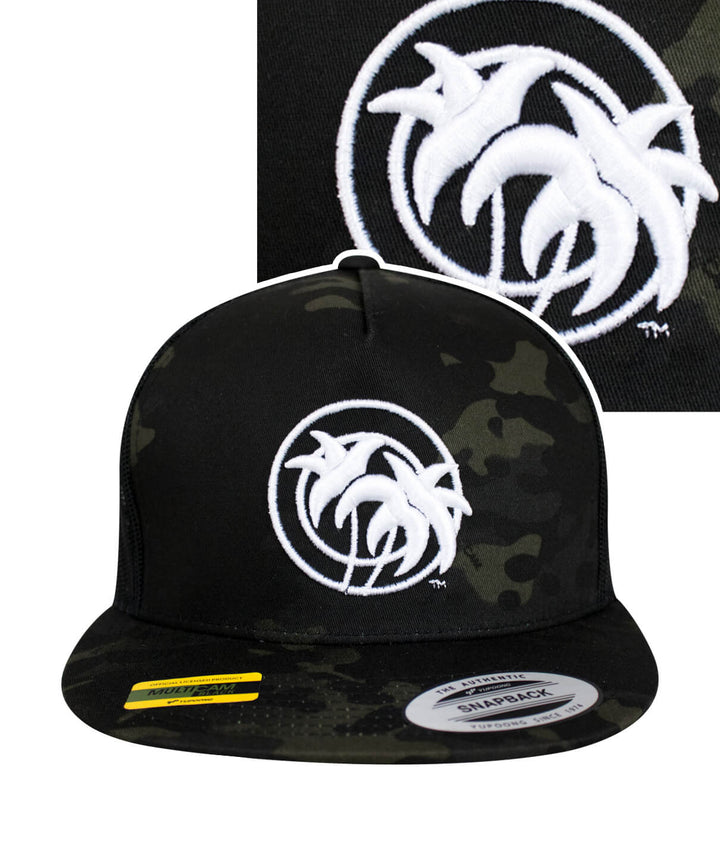Just Palm Multicamo Trucker Hat featuring embroidered 3D Puff design and Niceride logo on a classic snapback style.