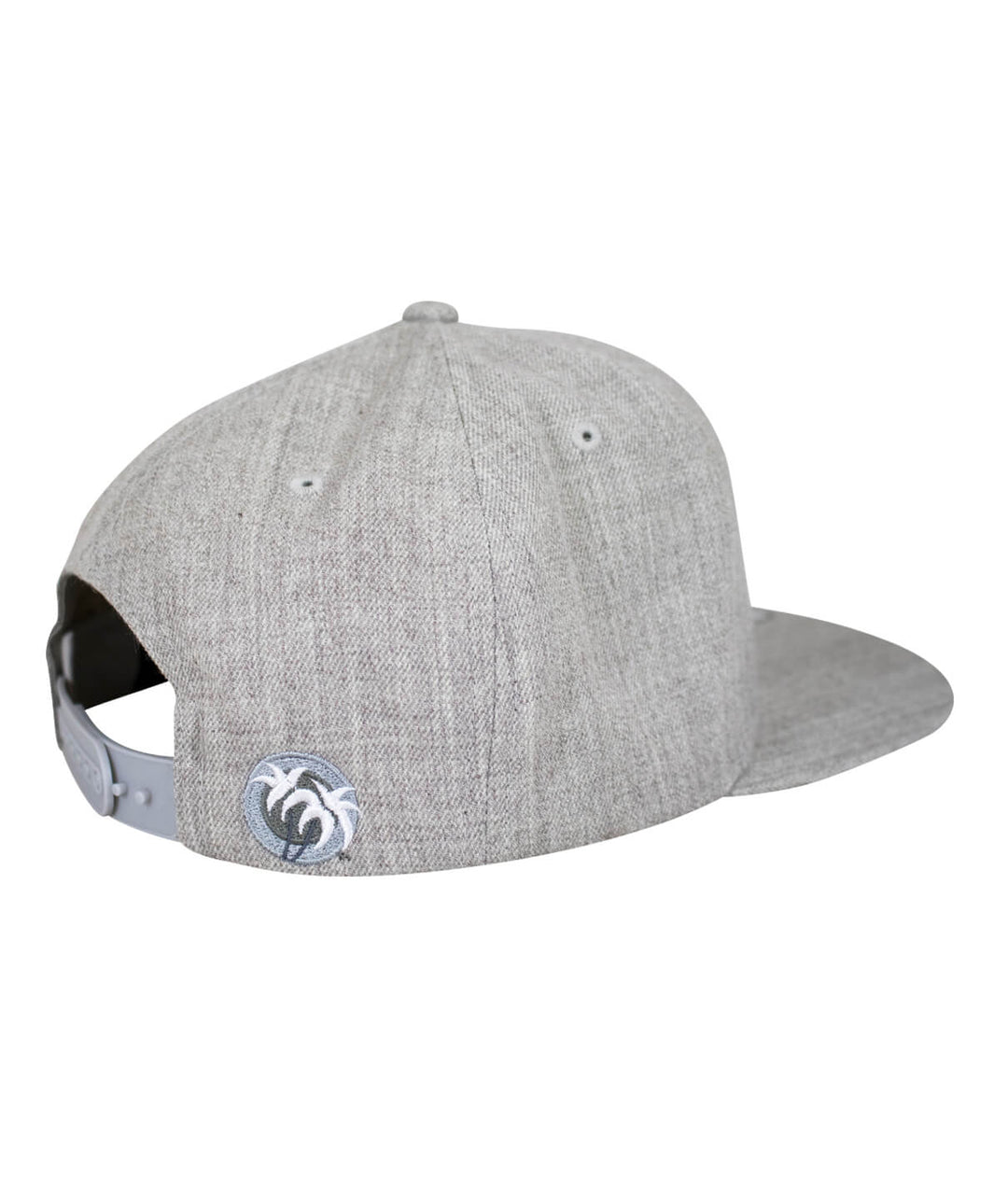 Back view of a gray snapback hat featuring an embroidered palm logo on the side, ideal for casual wear.