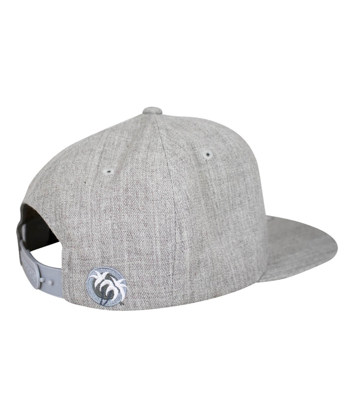 Back view of a gray snapback hat featuring an embroidered palm logo on the side, ideal for casual wear.