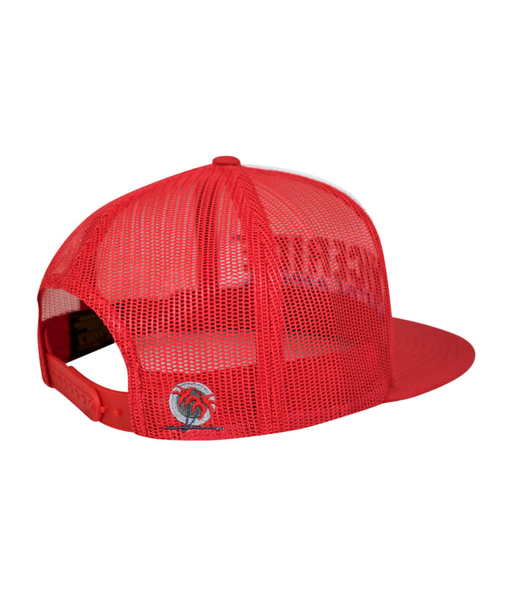 Back view of a red Podium trucker baseball hat, featuring a palm logo and mesh design, perfect for casual wear.