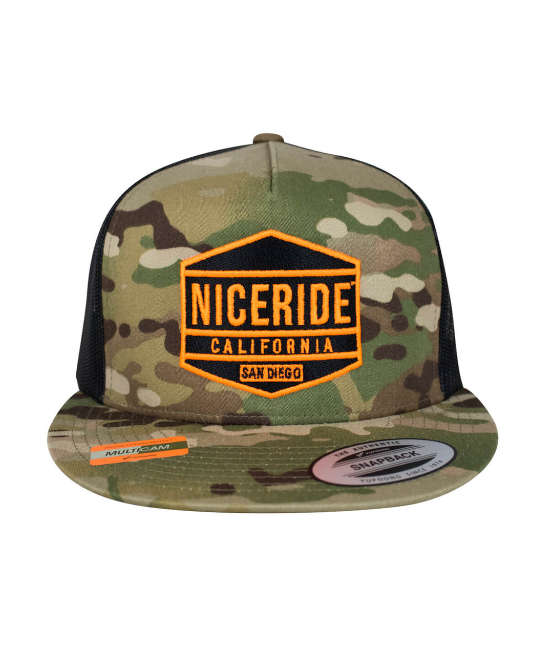 Niceride California snapback hat in camo with orange logo, perfect for outdoor activities and stylish wear.