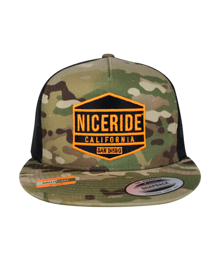 Niceride California snapback hat in camo with orange logo, perfect for outdoor activities and stylish wear.