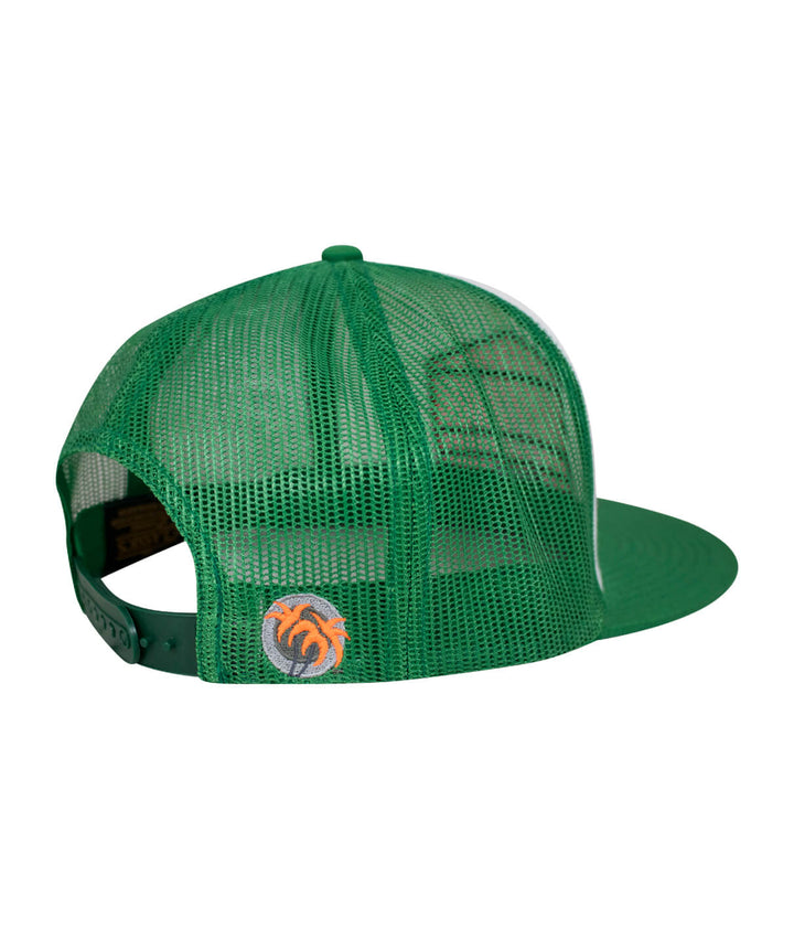 Good Times Neon trucker hat showing green mesh back and classic palm logo in neon orange and green.