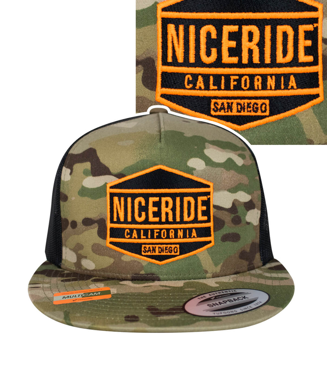 Good Times - Neon Trucker Hat with NICERIDE design, a stylish hat in camouflage with vibrant embroidery.