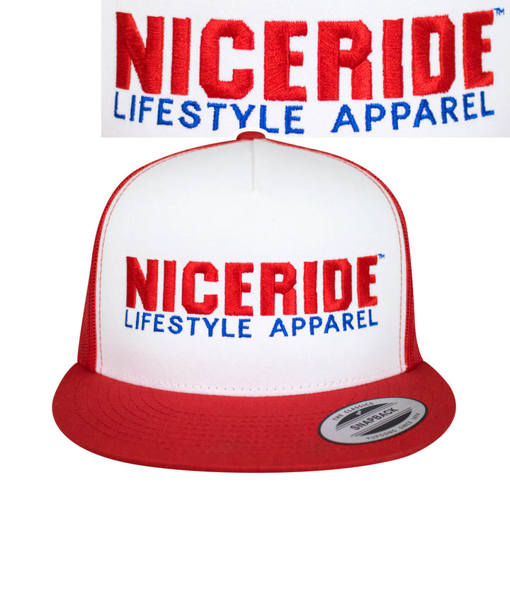 Podium Trucker Baseball Hat featuring NICERIDE logo in red and white, a stylish hat for casual wear.