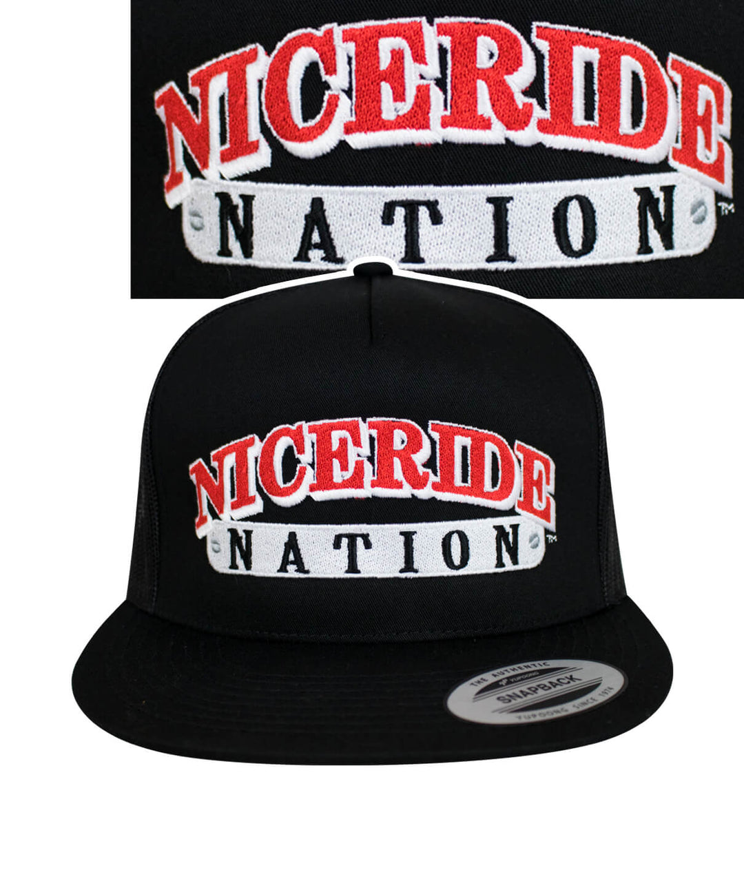Black trucker hat featuring NICERIDE NATION embroidered design, perfect hat for casual wear.