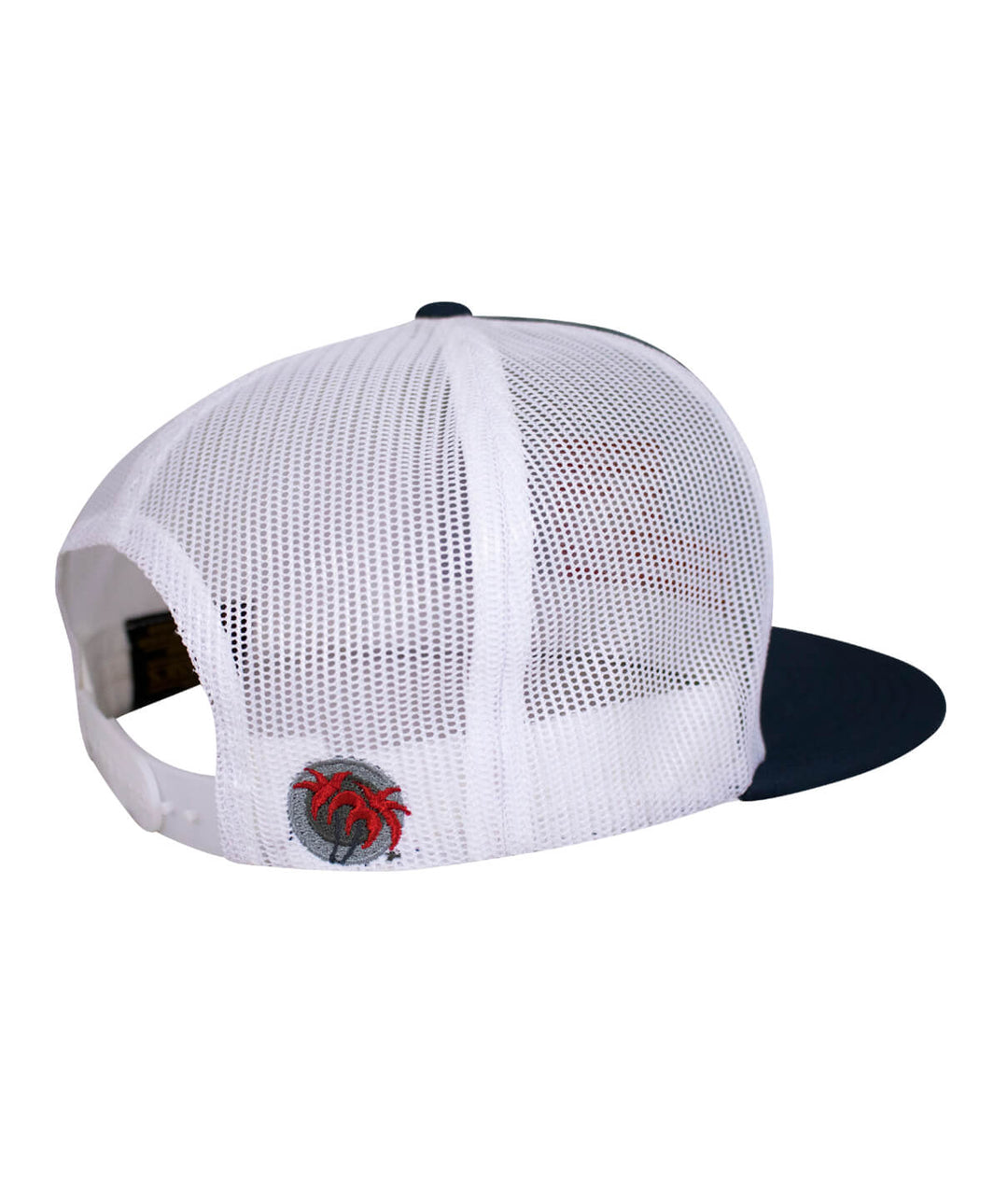 Niceride Pride trucker hat showing back view with black brim and embroidered palm logo.
