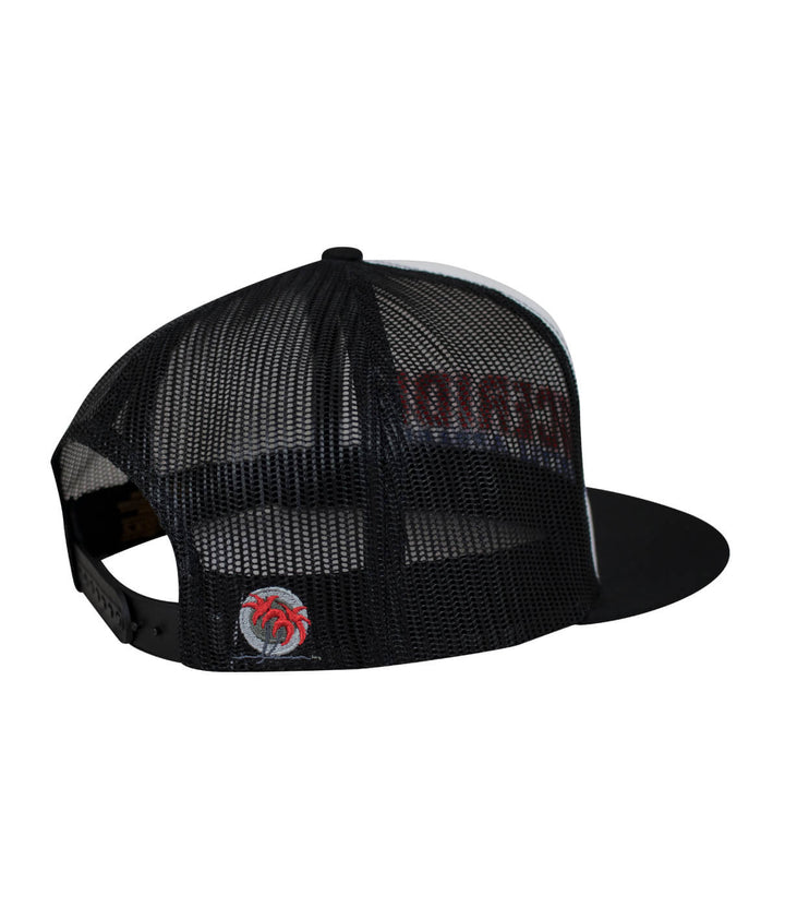 Podium Trucker Baseball Hat back view showing NICERIDE design and classic palm logo embroidered.