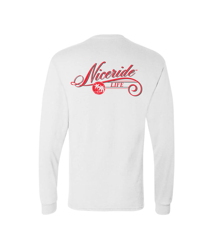 shirt showing the back design of The Life - Nicetride in red on a white long sleeve cotton fabric.