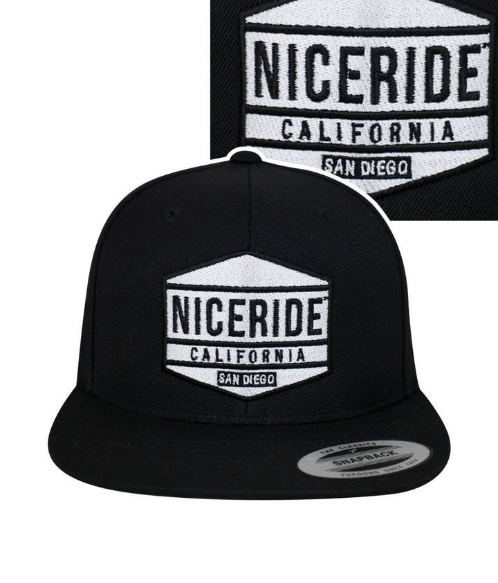 Good Times Snapback hat with NICERIDE logo and California design embroidered on black cap.