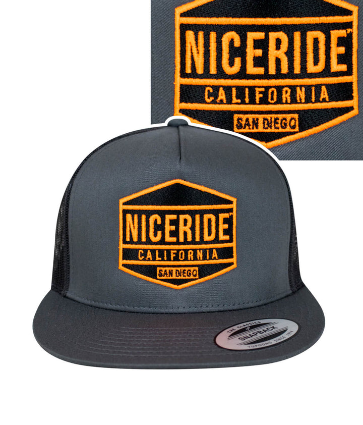 NICERIDE California snapback trucker hat in grey with orange logo and classic palm logo on the side. Featured hat design.