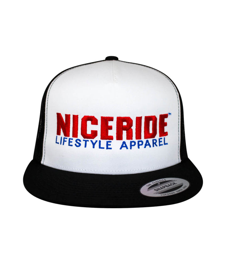 Classic snapback hat with NICERIDE logo for lifestyle apparel, side and front view.