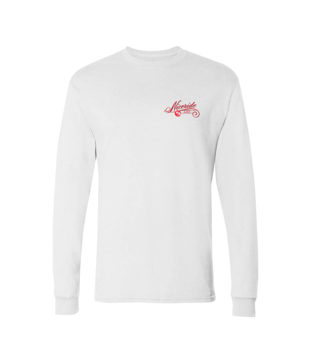 Hanes Men's white long sleeve shirt featuring red logo design on chest, 100% cotton, pre-shrunk, perfect for casual wear.