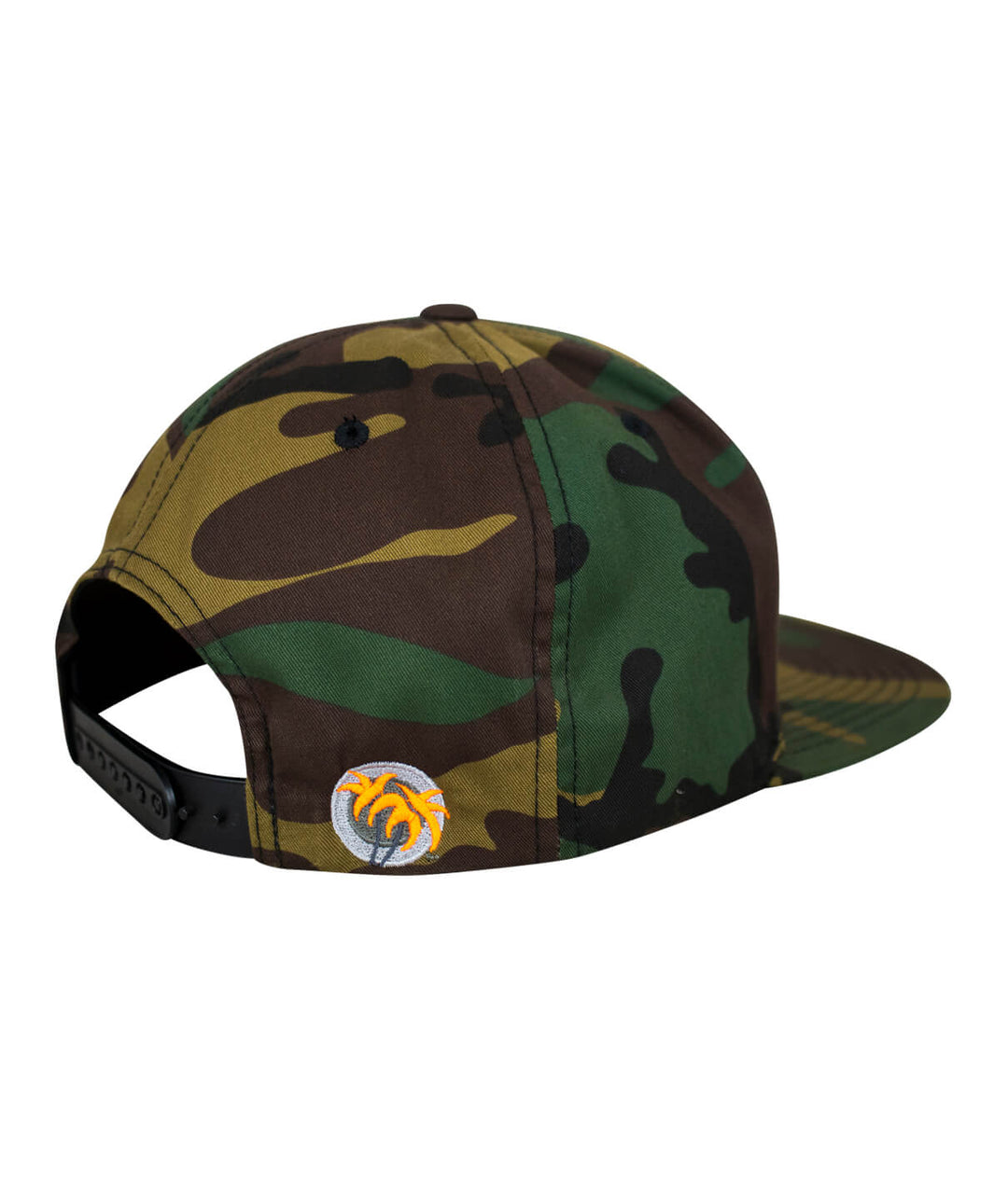 N-R Patch Snapback Hat featuring camouflage design and embroidered palm logo on the back, showcasing a stylish hat.
