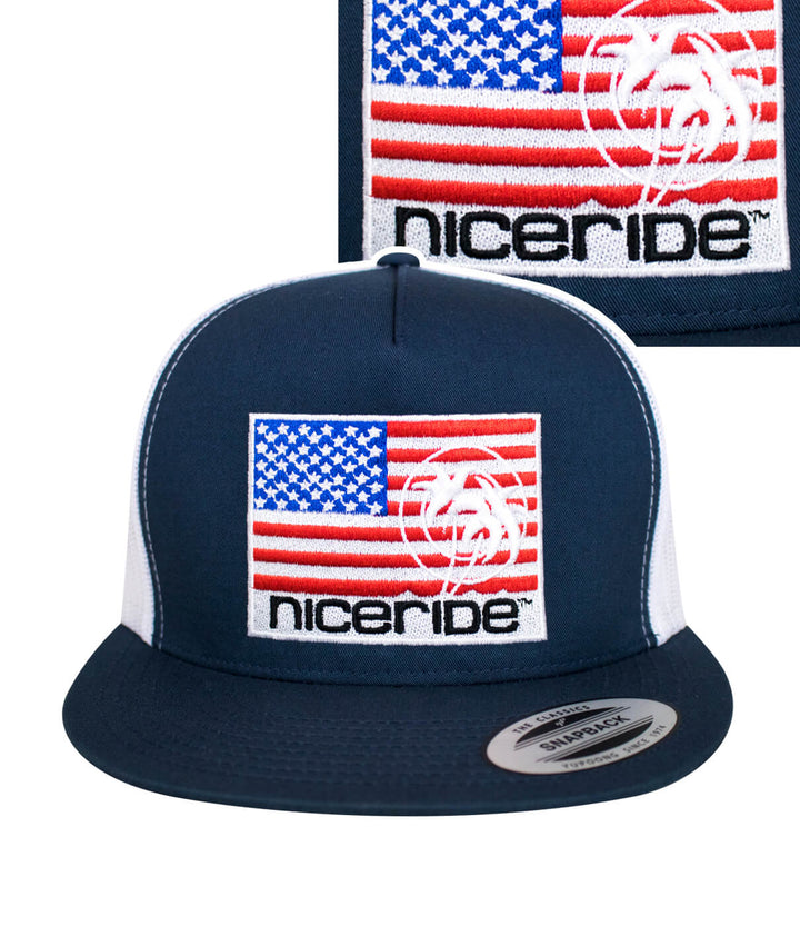 Niceride Pride trucker hat with American flag design, classic snapback hat with embroidered logo.
