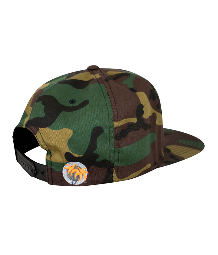 Back view of the N-R Combo snapback hat with a camo pattern and palm logo embroidered.