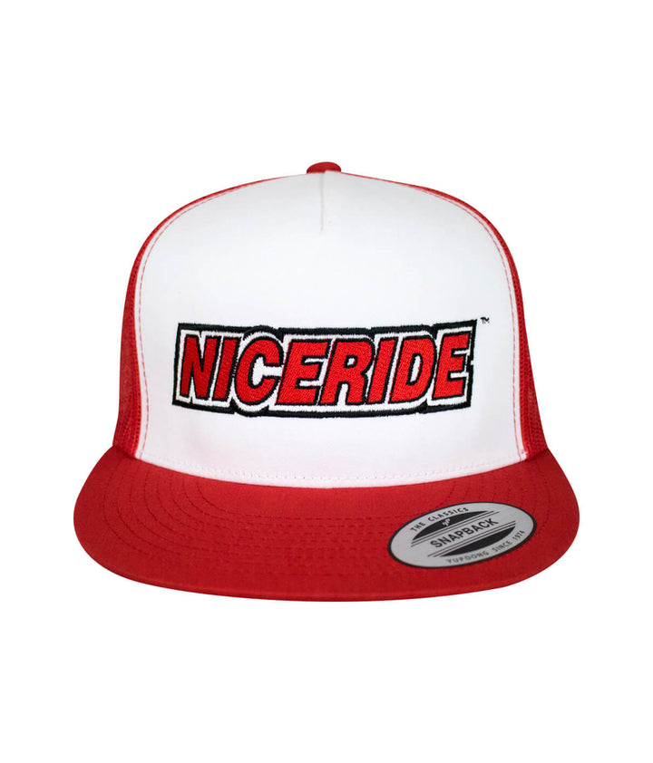 Slick Trucker Hat featuring NICERIDE logo embroidered in bold red on front panel.
