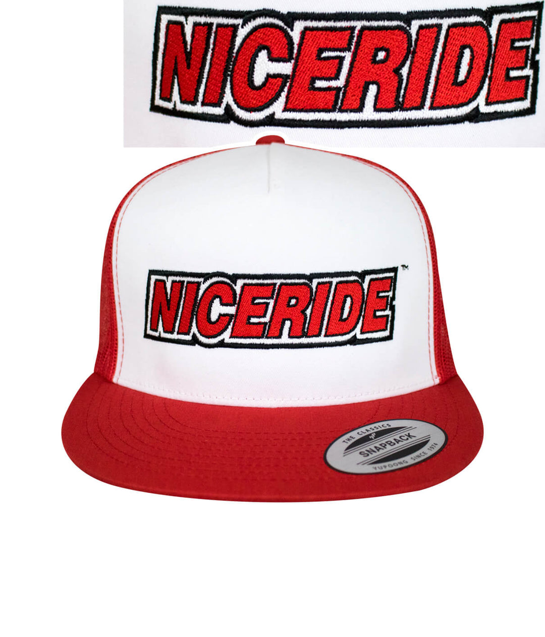 Slick Trucker Hat featuring NICERIDE embroidered logo, classic baseball cap design in red and white.