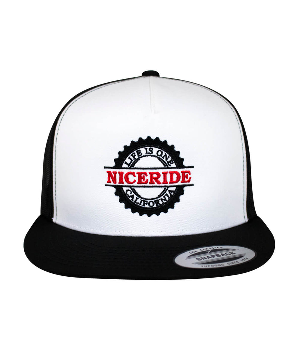 Bottom's Up Trucker Hat featuring NICERIDE logo, a stylish hat ideal for casual wear.