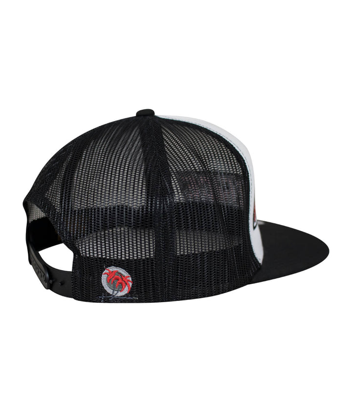 Back view of the Slick Trucker Hat showcasing black mesh and embroidered palm logo, perfect hat for style and comfort.