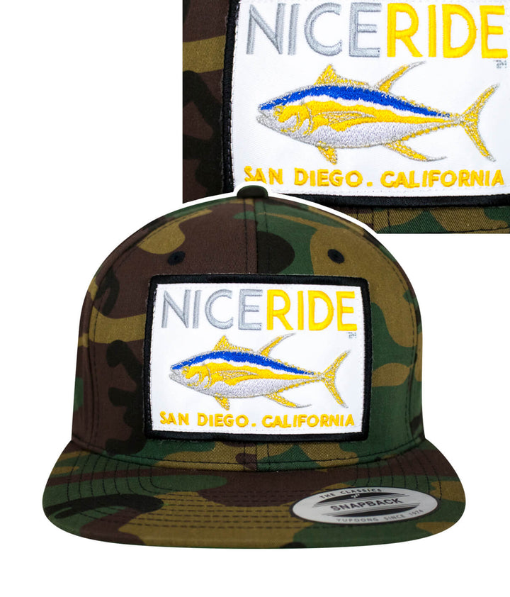 Niceride camo hat with embroidered fish design and San Diego lettering on a classic snapback style.