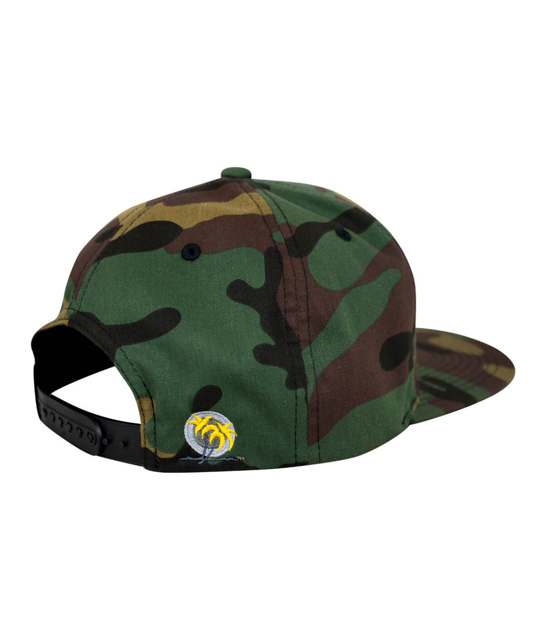 Back view of NICERIDE WAY Snapback Hat, a green camo hat with palm logo, designed in the USA.