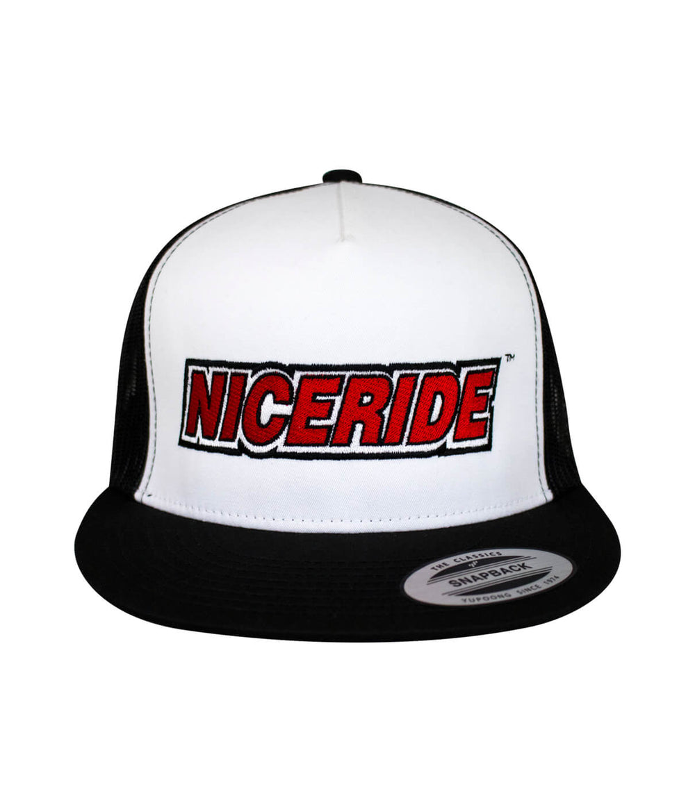 Slick Trucker Hat, NICERIDE logo embroidered on a white and black cap, perfect for casual wear. hat.
