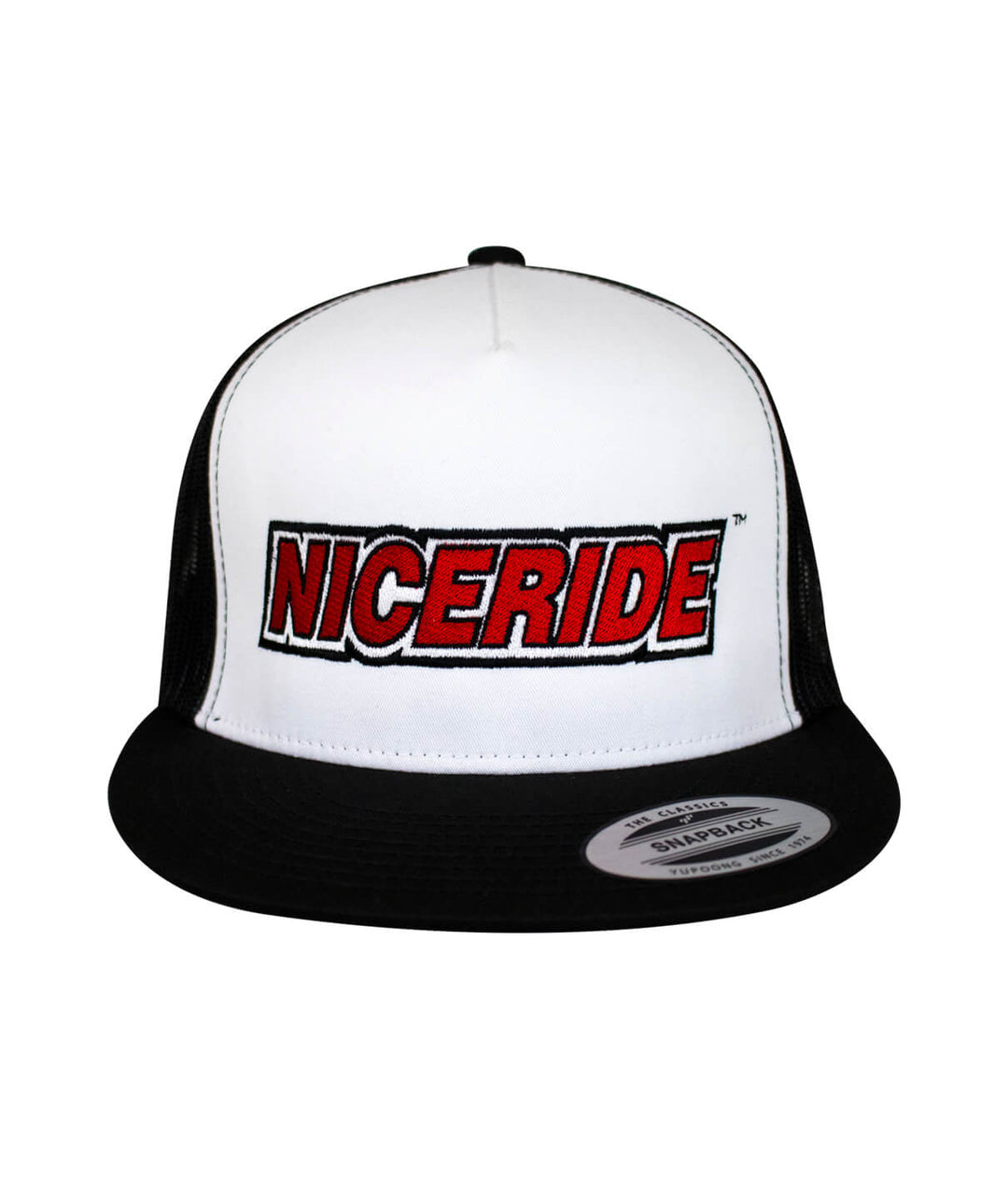 Slick Trucker Hat, NICERIDE logo embroidered on a white and black cap, perfect for casual wear. hat.