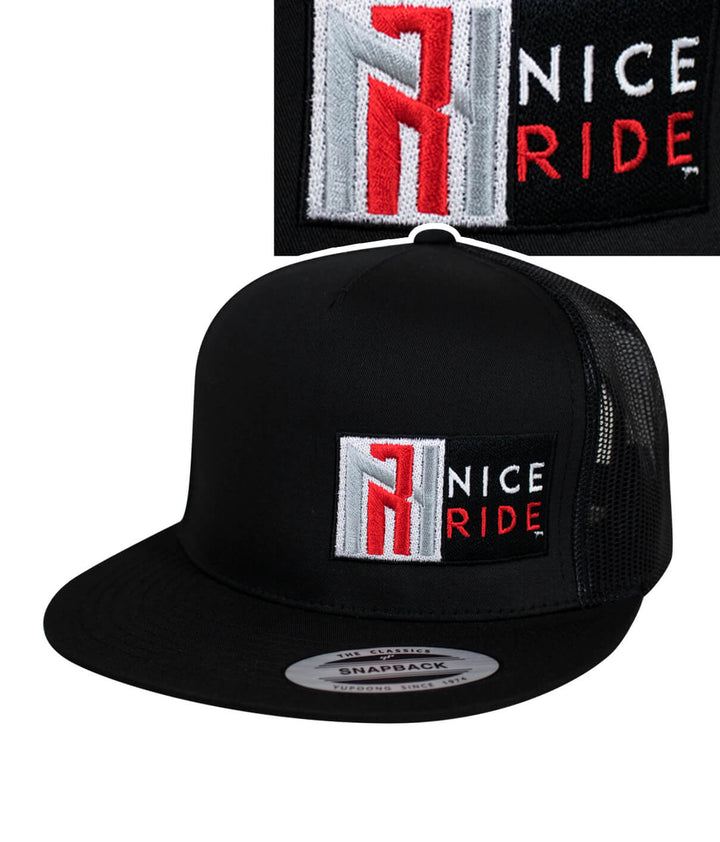 N-R Red trucker hat featuring embroidered NICERIDE logo and classic palm logo, perfect for stylish outdoor wear.