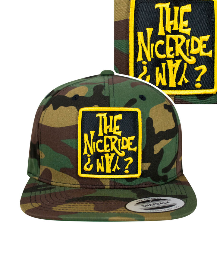 NICERIDE WAY snapback hat featuring a camo design and embroidered logo, perfect stylish hat for outdoor wear.