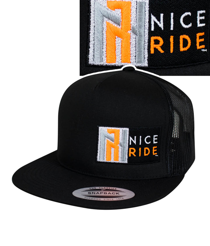 N-R Neon Orange trucker hat featuring NICERIDE logo and neon orange embroidery, perfect hat for outdoor activities.
