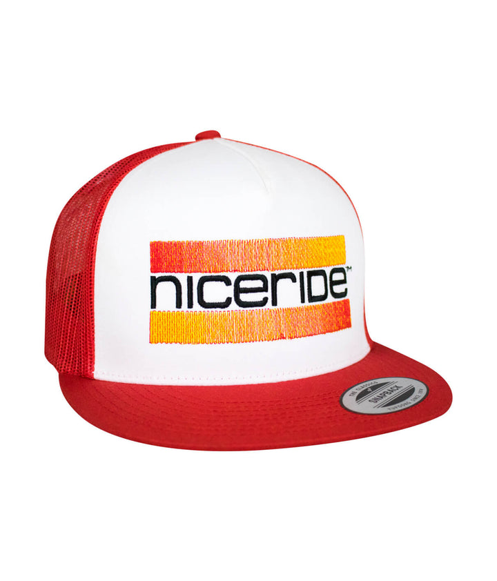 Cali Life Red and Green Trucker Hat, a stylish hat with NICERIDE logo embroidered on the front.