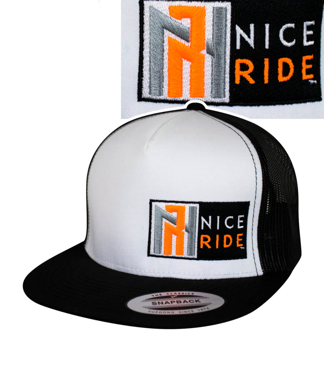 N-R Neon Orange trucker hat with NICERIDE logo, classic snapback baseball cap design.