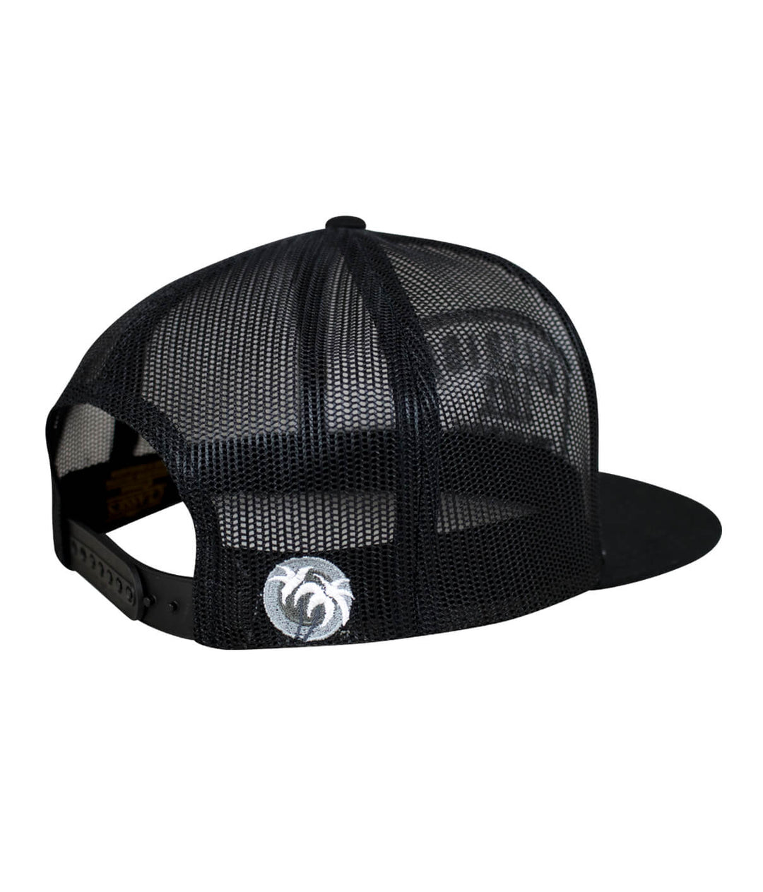 Grinder Trucker Hat, black mesh snapback baseball cap with embroidered palm logo on the back.