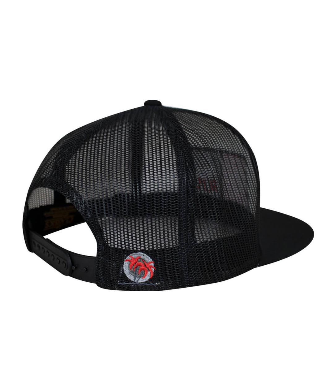 Back view of N-R Combo trucker hat with black mesh and embroidered palm logo. Stylish hat.