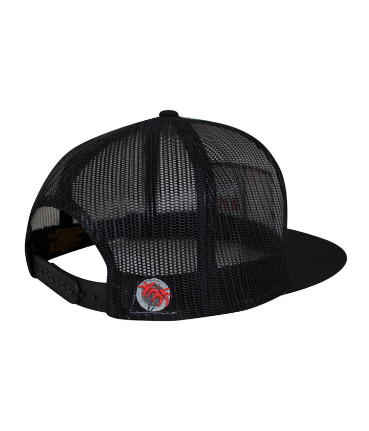 Back view of N-R Combo trucker hat with black mesh and embroidered palm logo. Stylish hat.