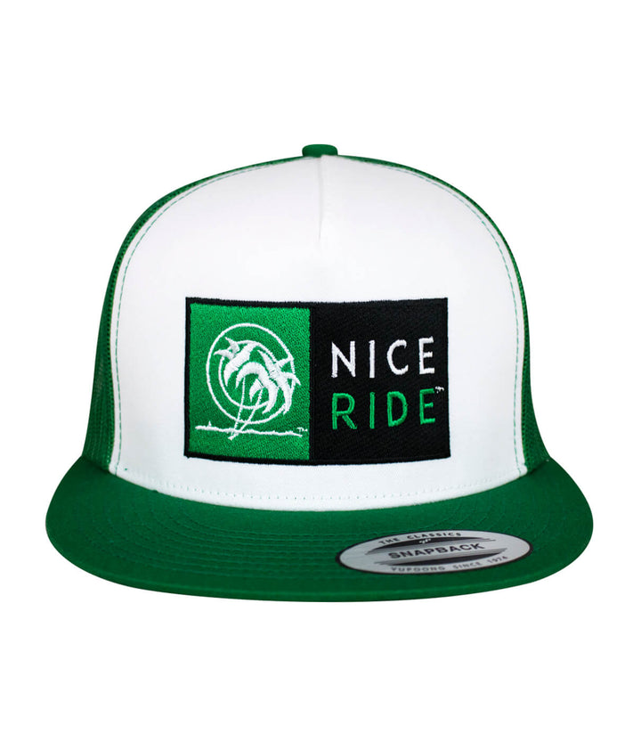 N-R Combo Trucker Hat featuring NICE RIDE logo with green brim and white front panel, perfect for stylish casual wear.