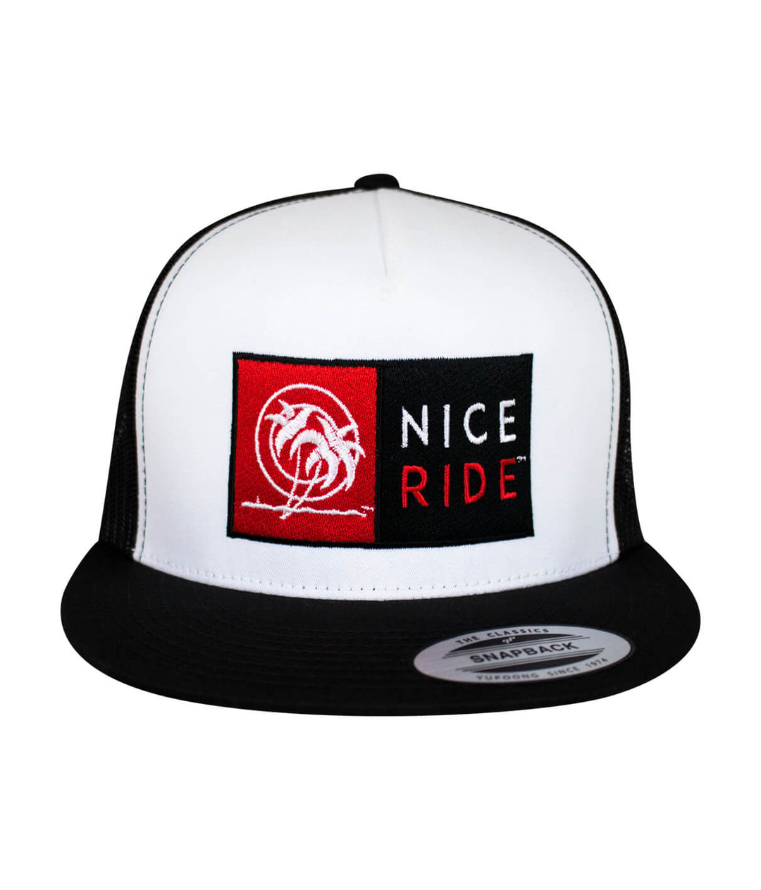 N-R Combo Trucker Hat featuring NICERIDE design, classic snapback style, and embroidered logo on front and back.