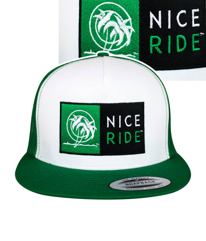 N-R Combo trucker hat with NICERIDE logo, classic snapback style, designed and embroidered in the United States.