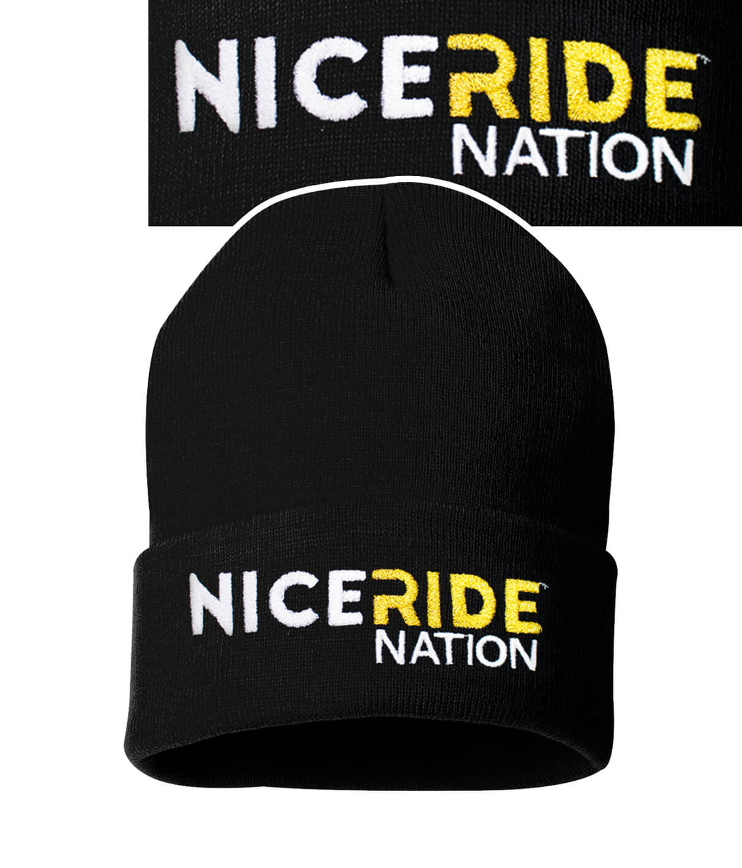 Black beanie featuring embroidered "NICE RIDE NATION" logo on the front, designed for style and comfort.