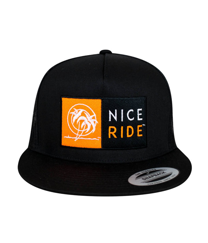 N-R Combo Trucker Hat featuring NICERIDE embroidered design and classic palm logo on a black snapback hat.