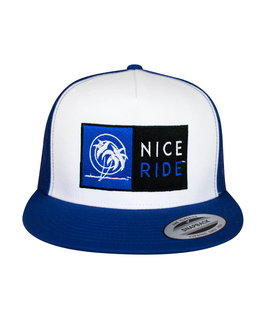N-R Combo Trucker Hat with NICERIDE logo, a classic snapback hat in blue and white color.