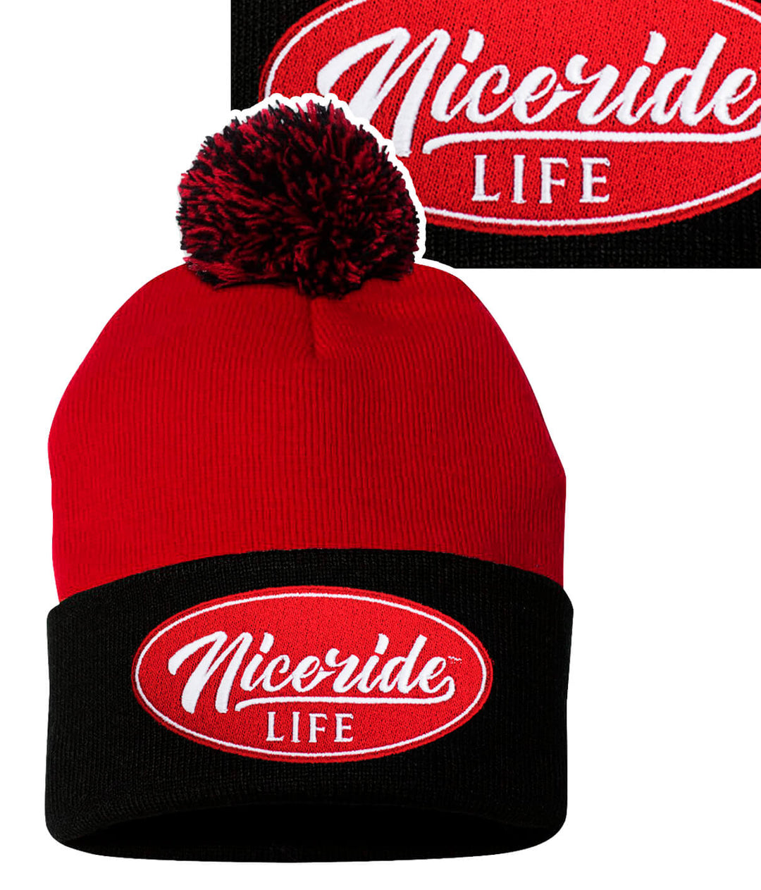 Horsepower Puff Beanie by NICERIDE featuring a red cuffed design with a pom-pom and embroidered logo.