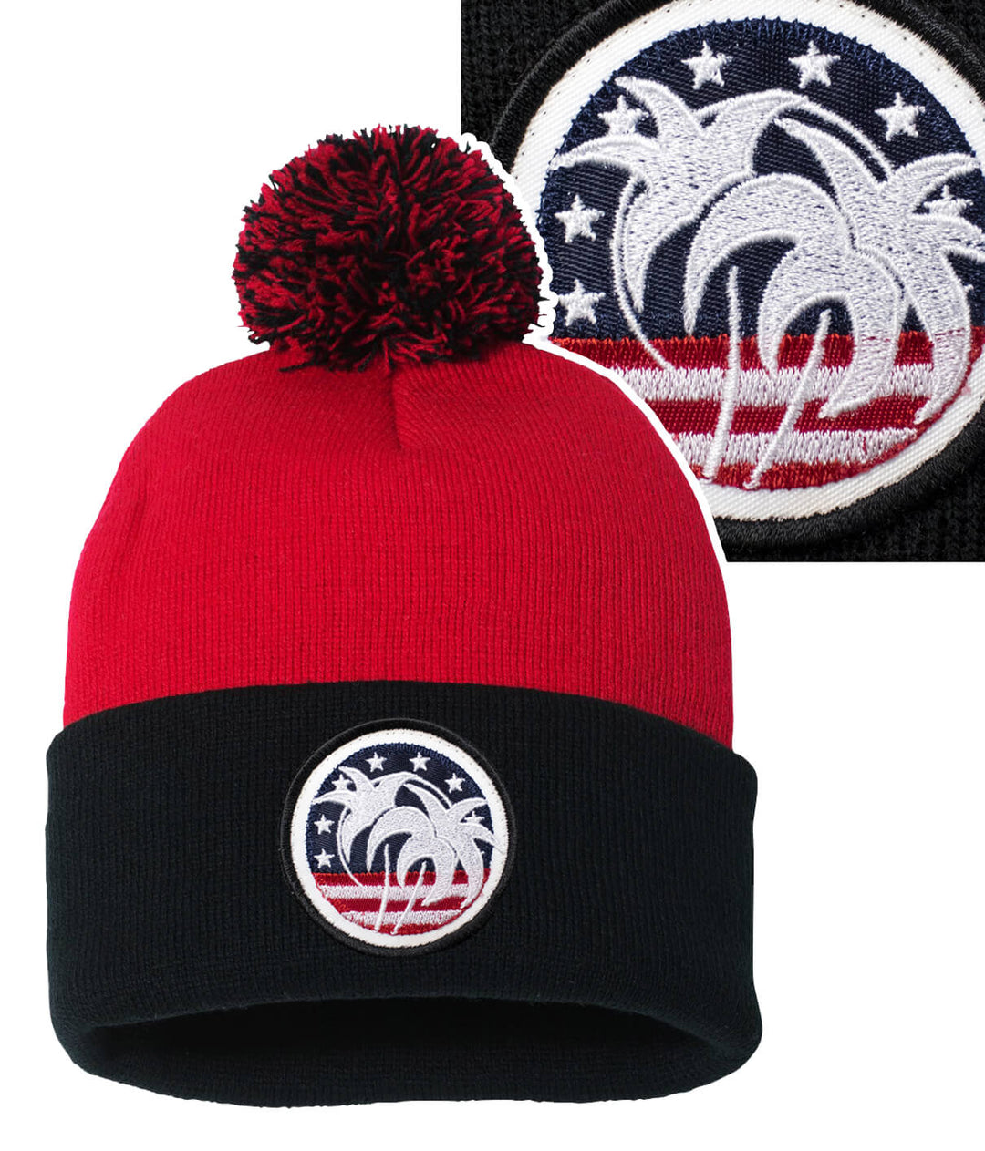 Red and black spirit of 76 beanie with pom-pom and palm tree logo, perfect for stylish warmth.